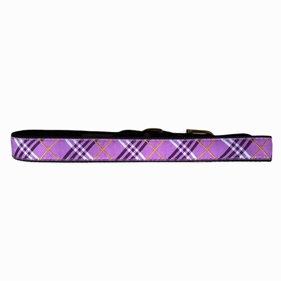 Auburn Pink Tartan Plaid Ribbon and Leather Dog Collar, sz 26” - Picture 3 of 8